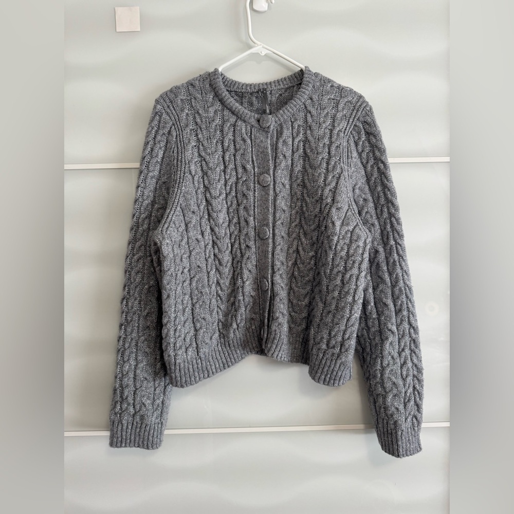 Anthropologie grey silver sparkly cardigan sweater wool cable knit XL 1X - Picture 3 of 6